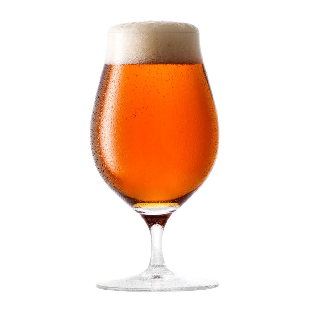 Glass of amber Flying Colours Pale Ale with a white background