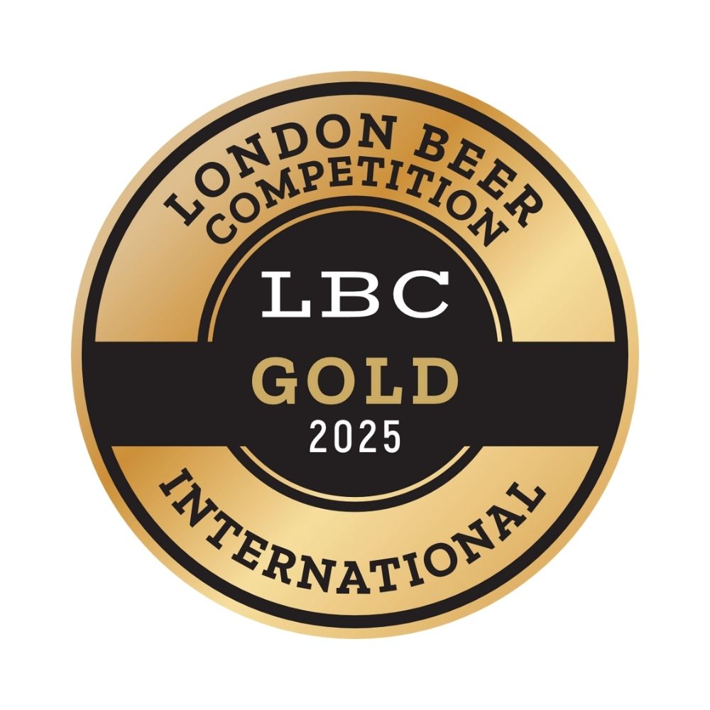 Gold and black badge for London Beer Competition Gold International 2025 on a white background