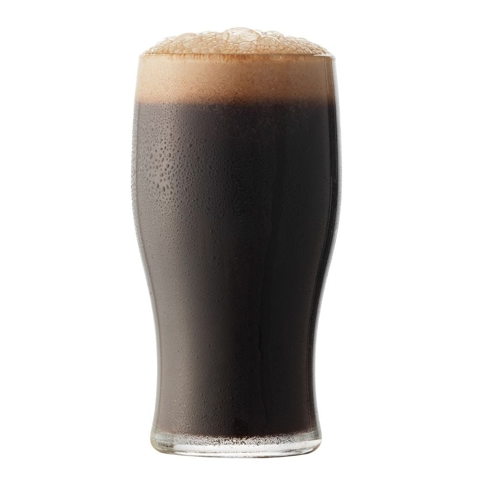 Glass of Stoker's Stout with a head on a white background