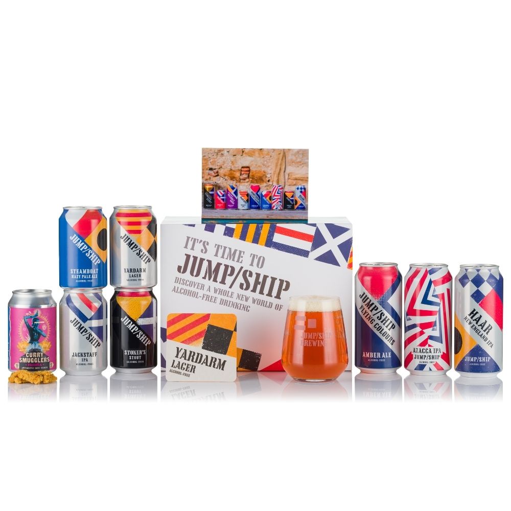 A selection of alcohol free beers, snack and tasting glass from Jump Ship Brewing