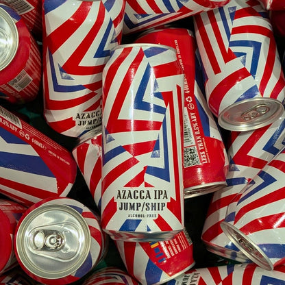 A pile of cans of Dazzle Ship Azacca non-alcoholic IPA