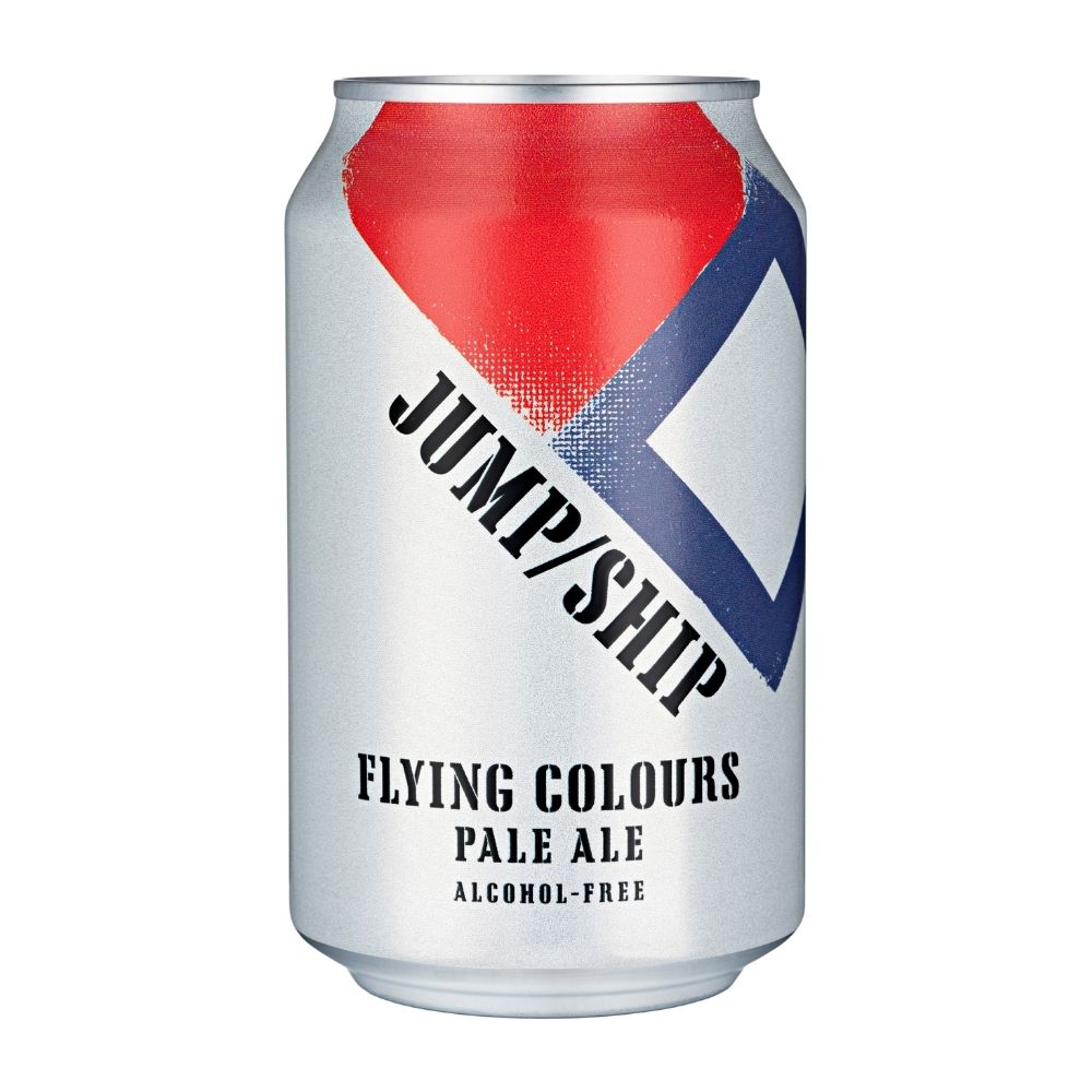 Alcohol-free Flying Colours Pale Ale can with 'Jump/Ship' branding