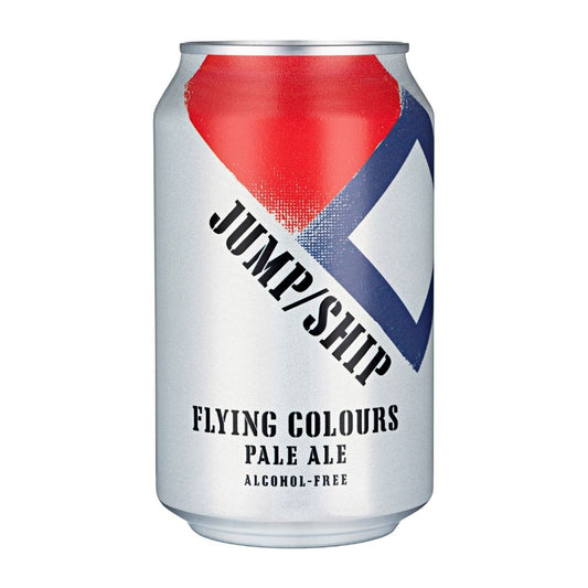 Alcohol-free Flying Colours Pale Ale can with 'Jump/Ship' branding