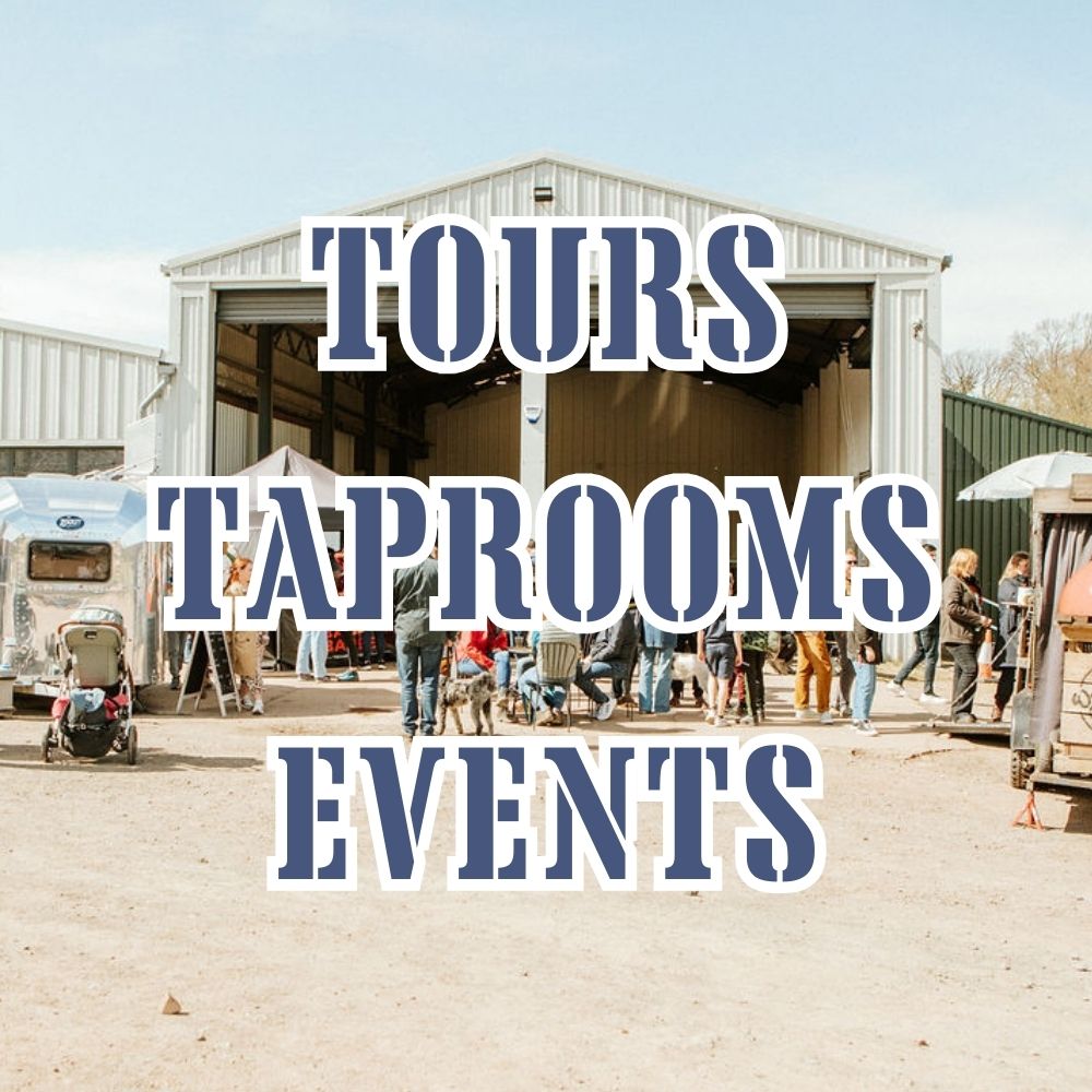People gathered outside a building with text overlay about tours, taprooms, and events.