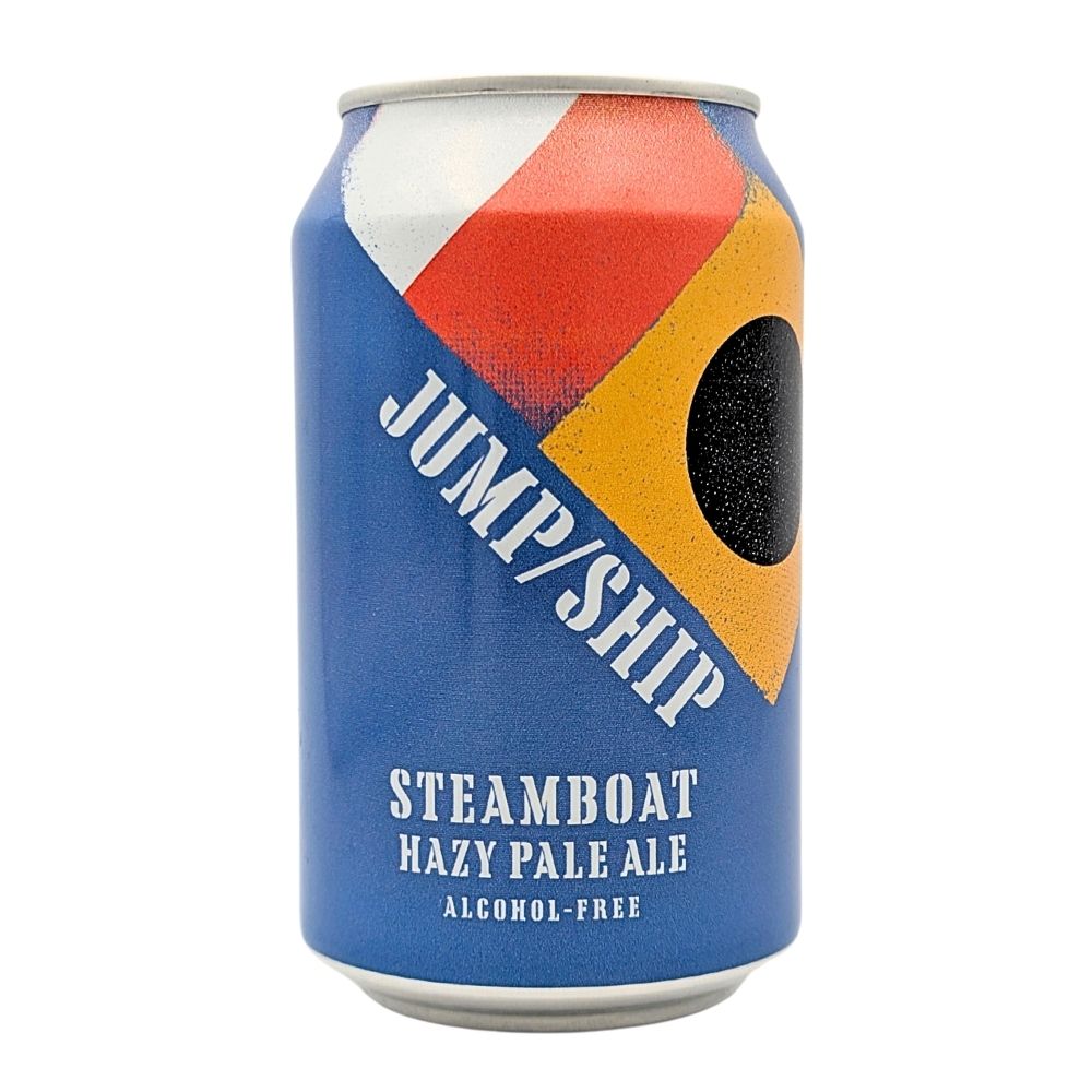 Alcohol-free Steamboat Hazy Pale Ale can with colourful design and 'Jump/Ship' branding