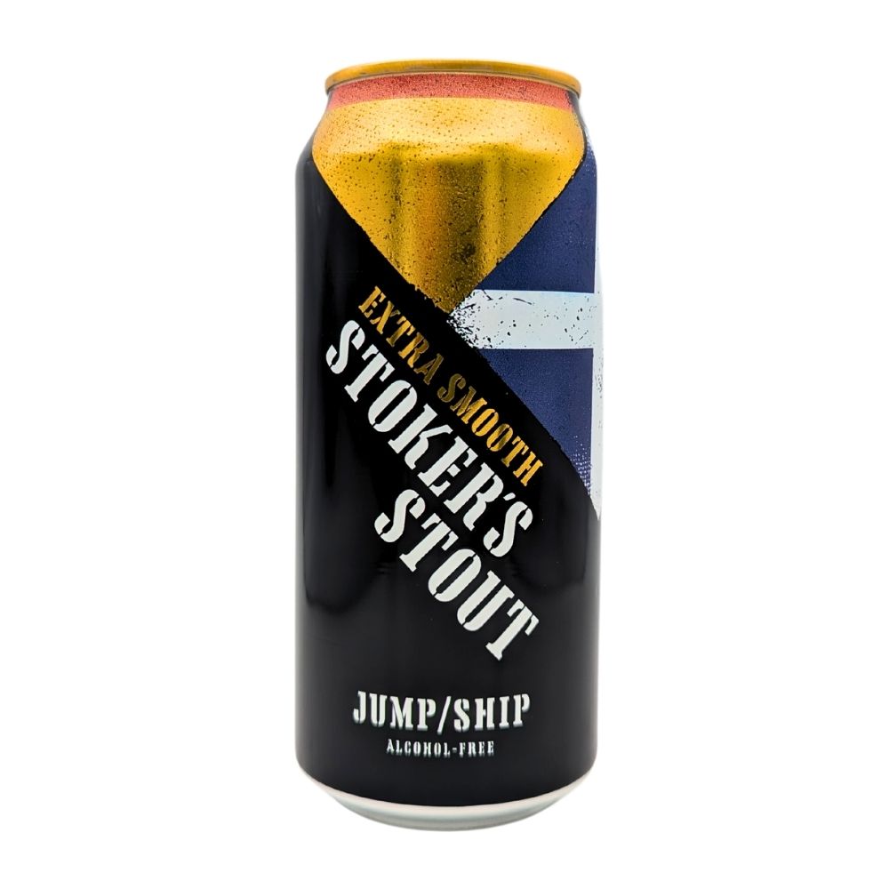 Alcohol-free beer can labeled 'Stoker's Extra Smooth Stout'