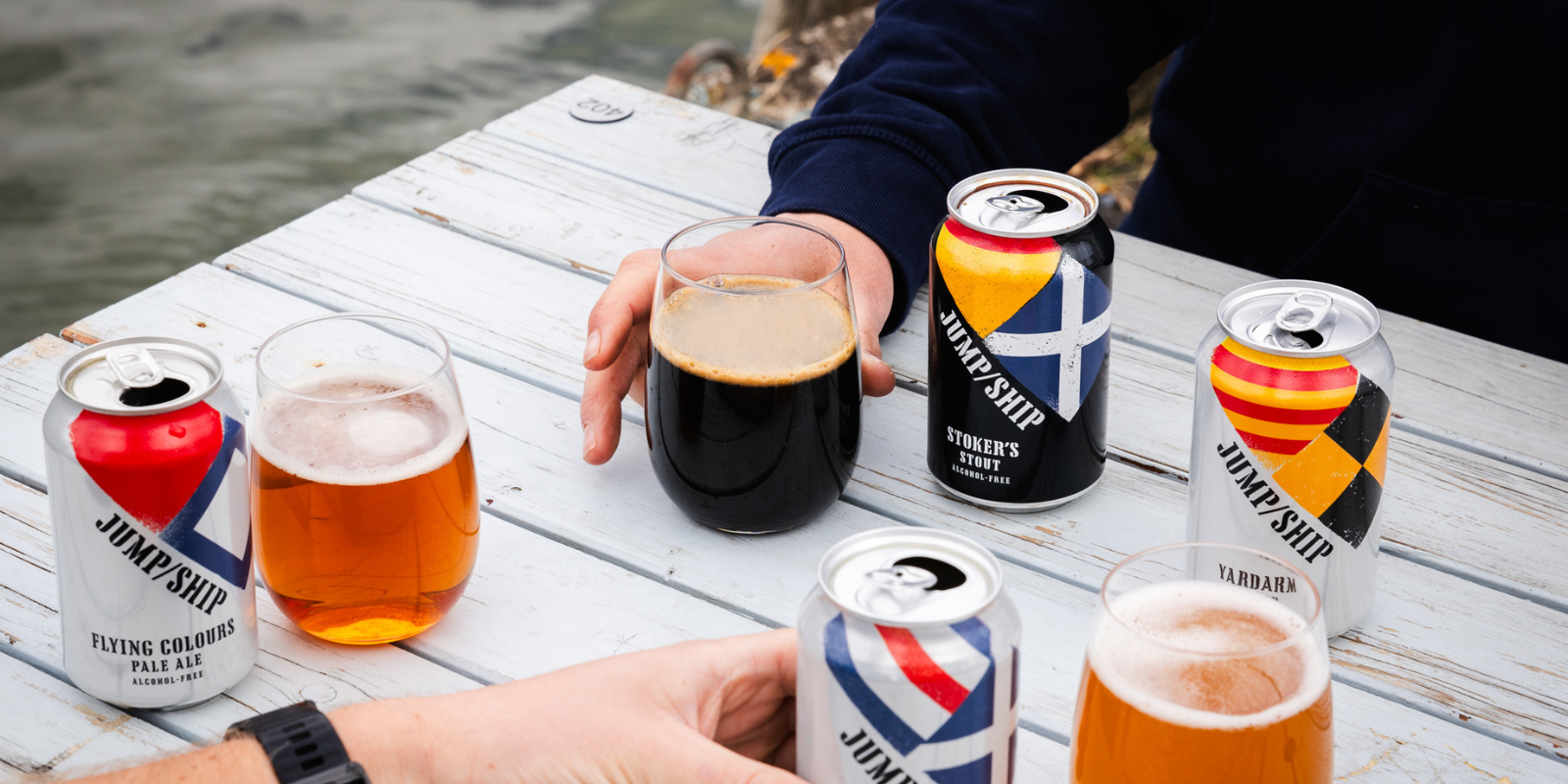 Alcohol free beer cans on table