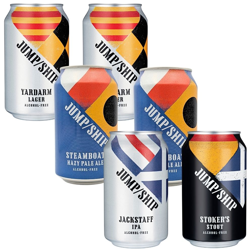 Collection of Jump/Ship beer cans with various designs and labels on a white background