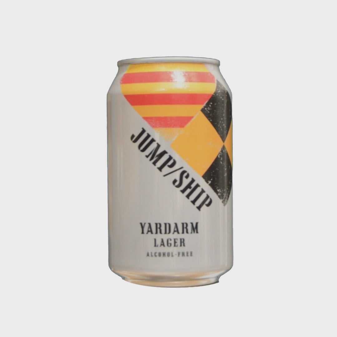 A can of Jump Ship Yardarm Lager spinning