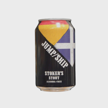 A can of Jump Ship Stoker's Stout spinning