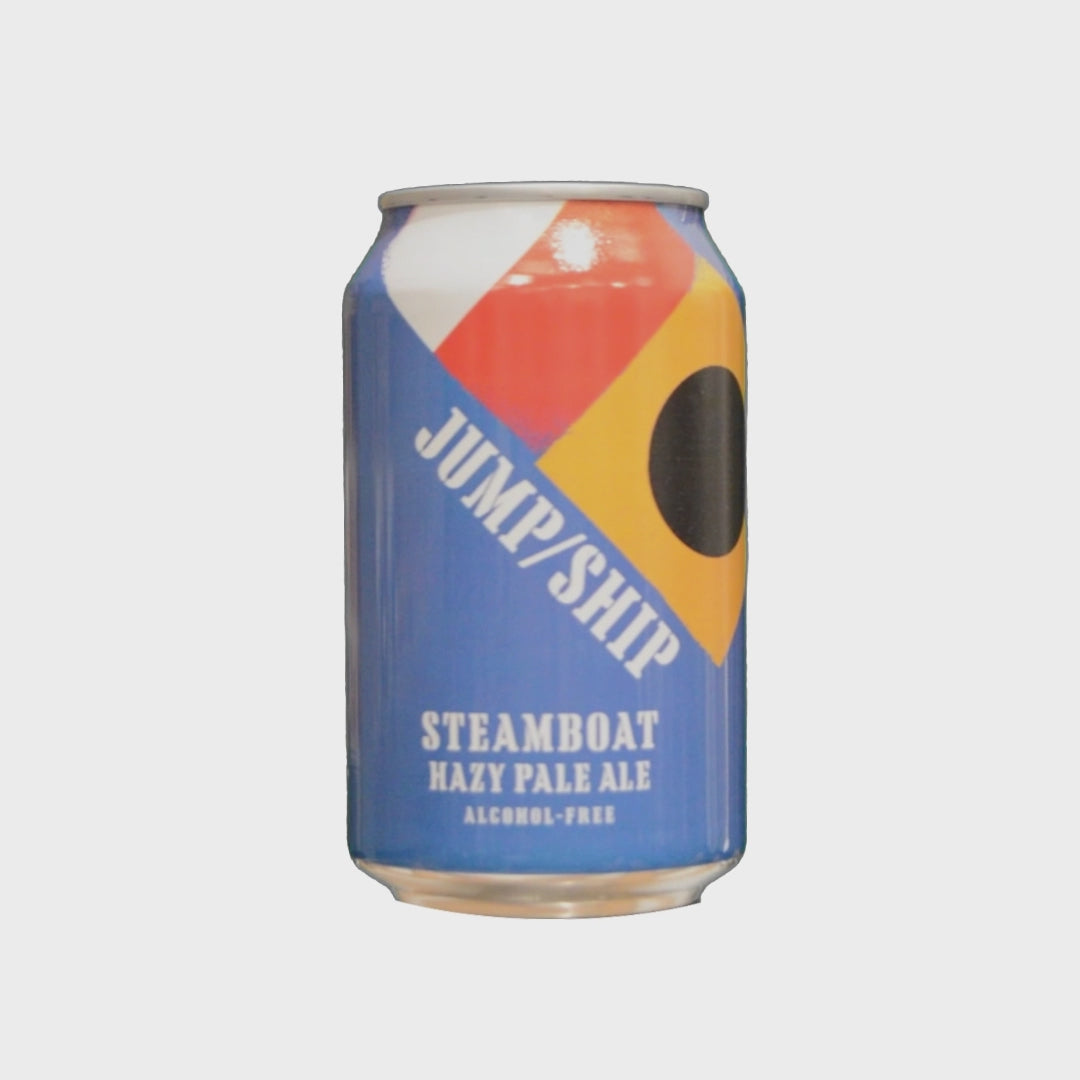 A can of Jump Ship Steamboat Hazy Pale spinning